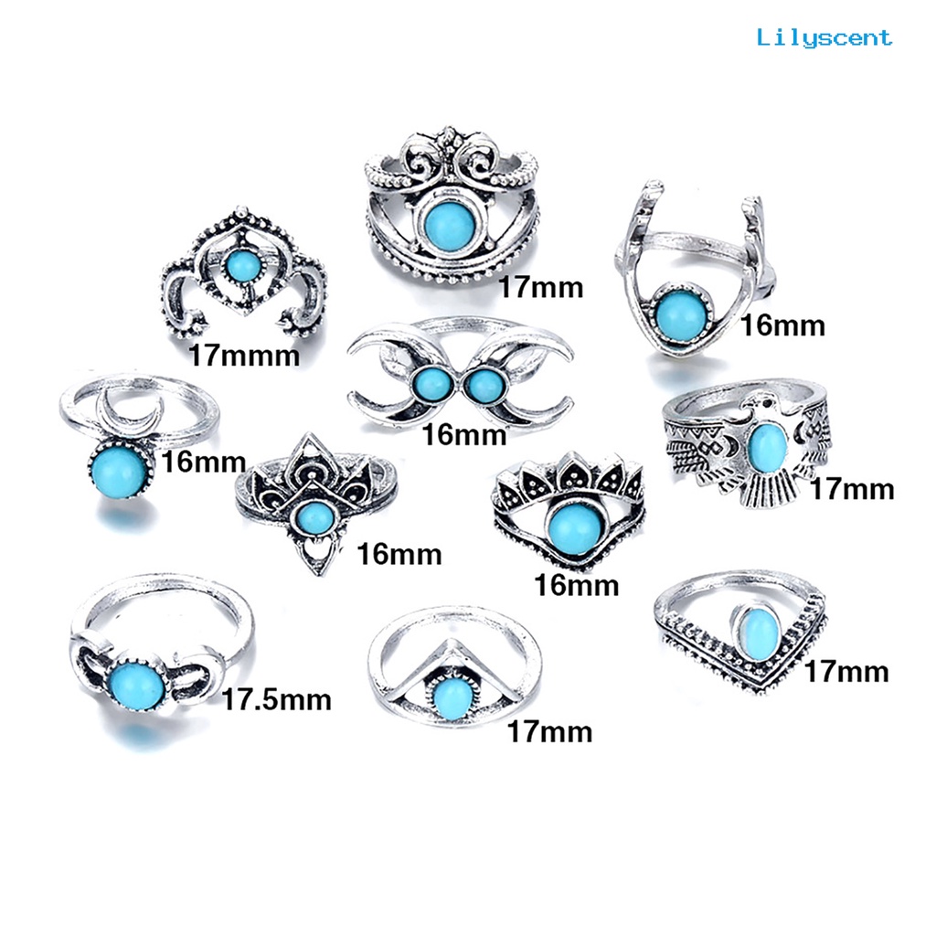 [LS]11 Pcs Berongga Bulu Stackable Knuckle Rings Gaya Etnik Bunga Permata Imitasi Jari Rings Perhiasan Aksesori