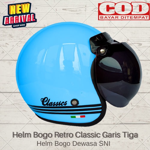 Helm Bogo Retro Dewasa Classic Garis Tiga SNI Helm Dewasa Pria Dan Wanita Kaca Cembung Kaca Datar COD
