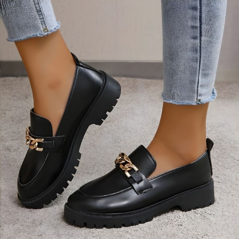 Sepatu Docmart Wanita Hitam Fashion Rantai Gold Premium Quality Jessy 09 Flat Loafers Kulit Slip On Ootd Remaja Kekinian Bisa Cod