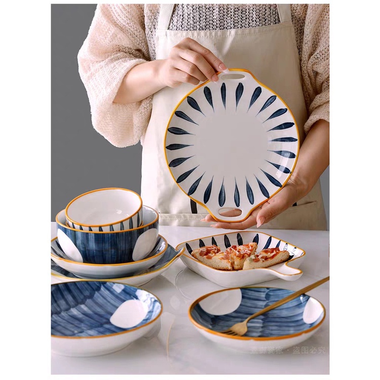 [Casa De Luxo]  Piring Keramik DENGAN dua Gagang model panci Motif Jepang Tahan Panas & Mircrowave S