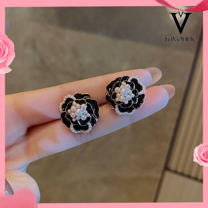 COD925 anting-anting mutiara Camellia Retro anting-anting bunga berlian-FA