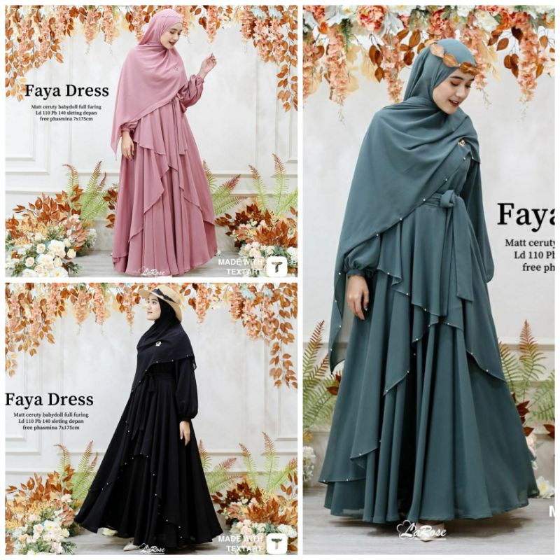 Faya Dress Gamis Set Setelan Jilbab Hijab Khimar Bahan Ceruty Babydoll Terbaru Kekinian Pakaian Fash