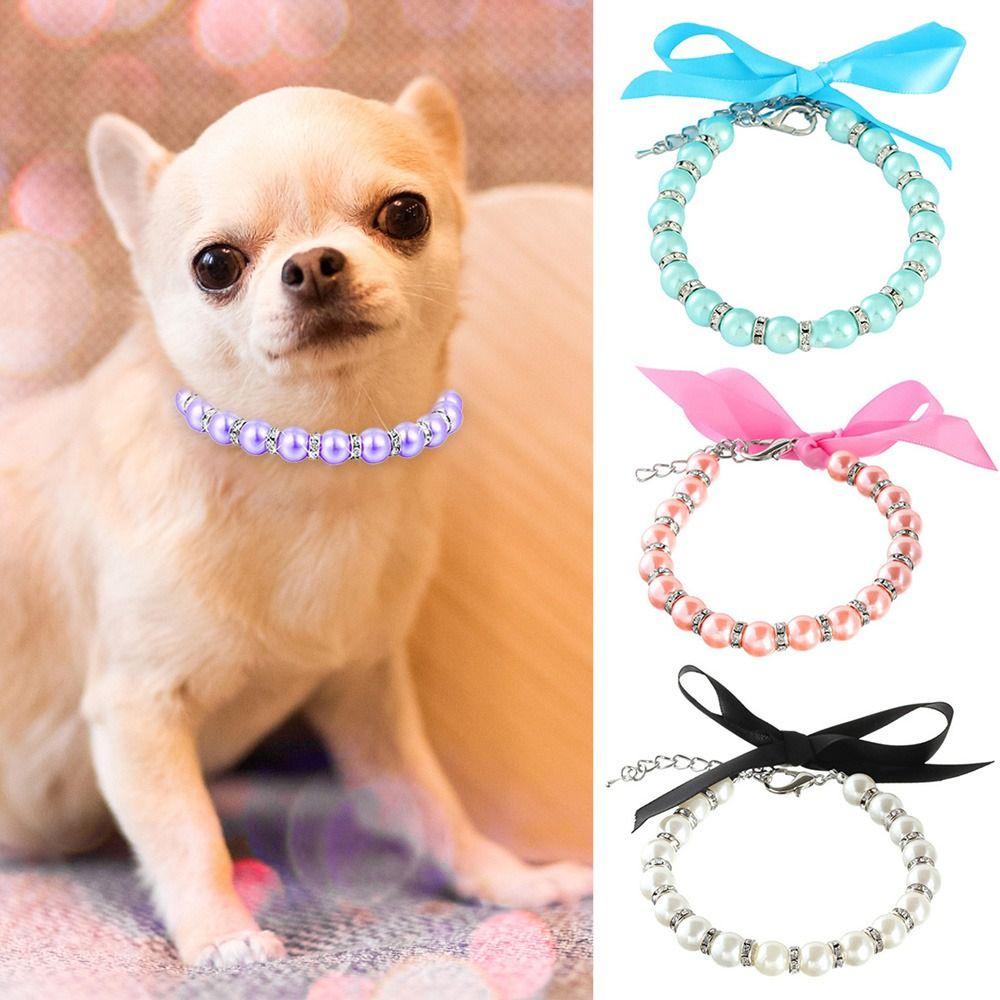 Solighter 2PCS Pet Mutiara Kerah Fashion Kucing Perlengkapan Produk Hewan Peliharaan Adjustable Bow Dog Bell