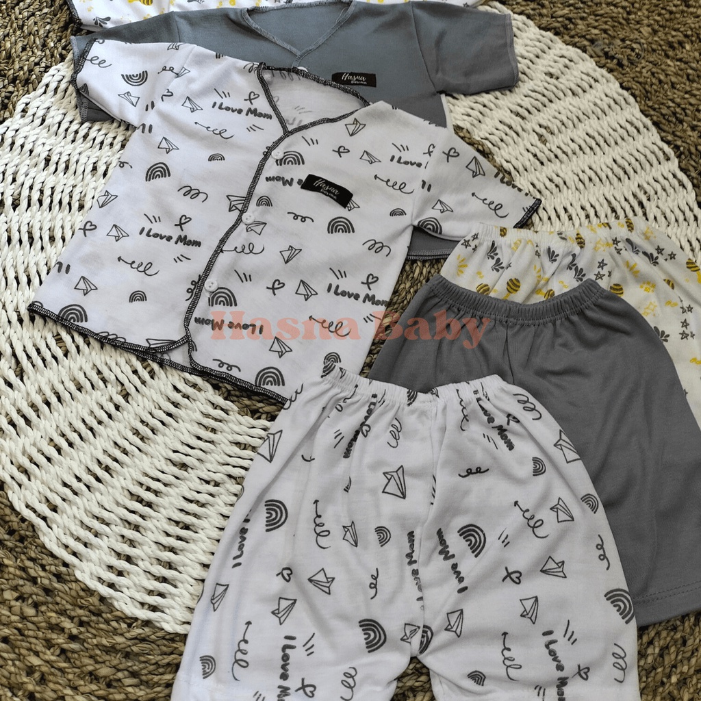 Paket 6pcs Setelan Baju Bayi Baru Lahir Lengan Pendek kekinian Lucu Seri Abu- juragan Lebak