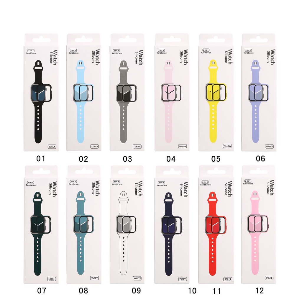 Tali Strap Apple Watch 2 in 1 Ukuran 38mm 40mm 41mm 42mm 44mm 45mm Series 1 2 3 4 5 6 7 8 SE Beserta Tempered Glass Case Strap Sport Band iwatch Full Color Silicone Rubber