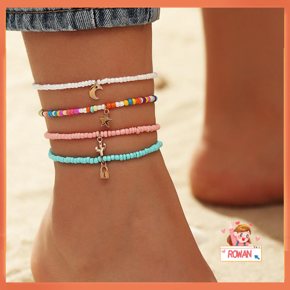 R-flower 4PCS/SET Gelang Kaki Multilayer Elastisitas Pantai Lucu Campur