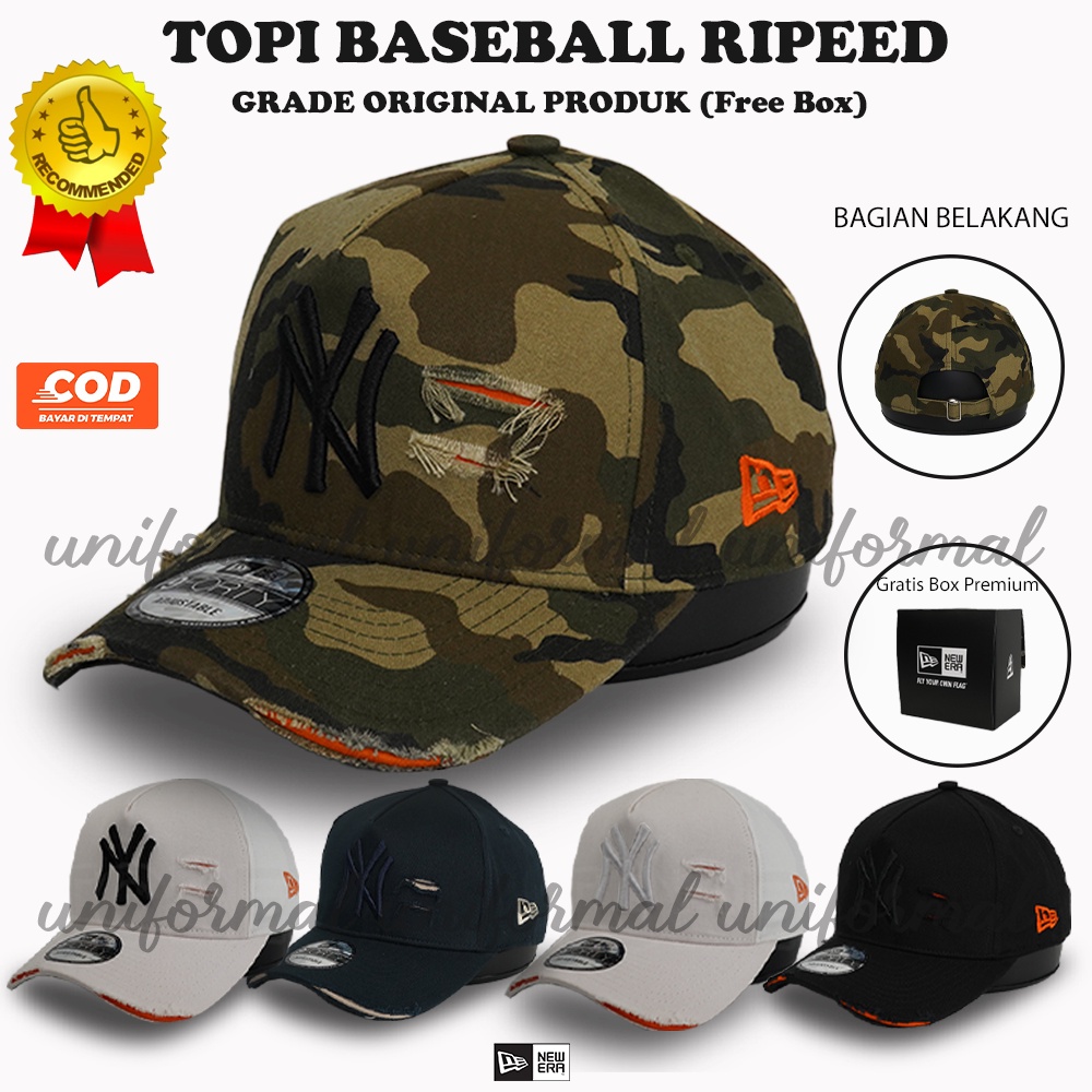 Topi Grade ORI Import Baseball Hat Damage Ripped Sobek NY , Topi Bisbol Cap Loreng Camo, Biru Hitam Pria Dewasa Ori Distro, YN Murah Premium 100% Anak Laki Wanita Unisex Bordir Polos Besball Bassball Basball