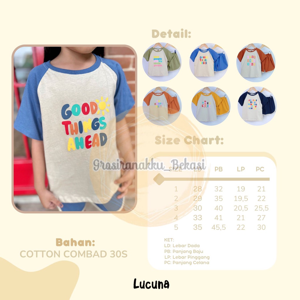 Setelan Anak Cewek Aksara Lucuna Mix Warna Size 1-5 THN