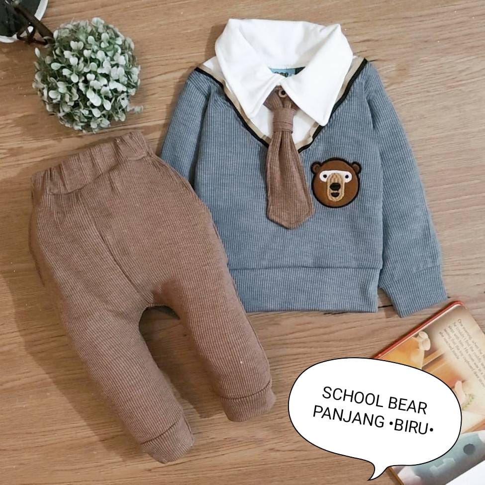 Setelan Anak Laki Laki - Baju Bayi Cowok Set Kemeja Rompi Dasi Tangan Dan Celana Pendek Dan Panjang Usia 3 Bulan-4 Tahun Motif School Bear