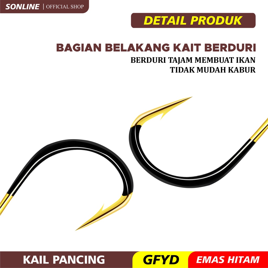 Sonline Kail Pancing Gold Hitam 10pcs High Carbon Steel Barbed Fishing Hook Tackle Kail GFYD