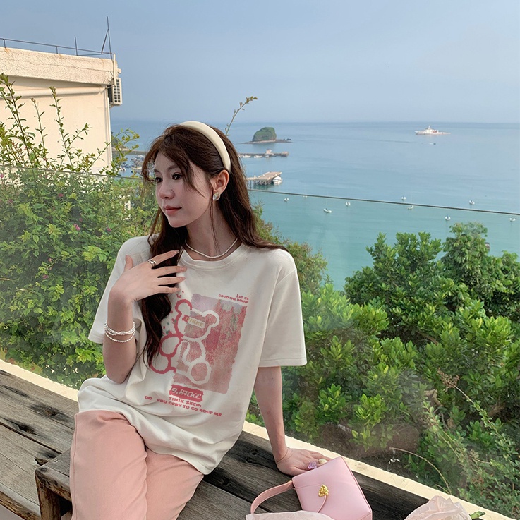 Print T-shirt Kaos Lengan Pendek Pink Bear Atasan Wanita Korean Style