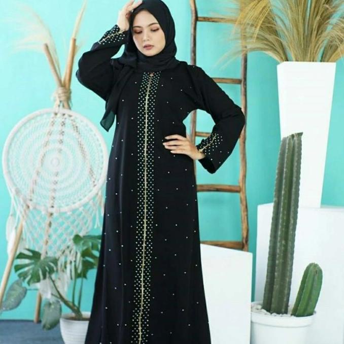 Baju Dress Abaya Muslim Gamis Arab Hitam Zipper mata full kancing