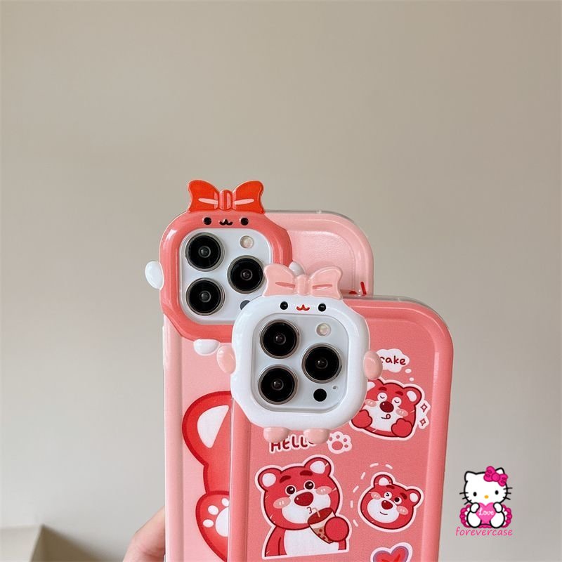 Oppo A96 A16 A16K A12 A55 A5s A74 A17K A57 A15 A76 A3s A95 A17 A16 A54 A7 A77 A53 A31 A77s A5 A9 A52 Reno 57z A16E Cute Strawberry Bear Manyo Lembut 3D Bow Little Monster Lens Case