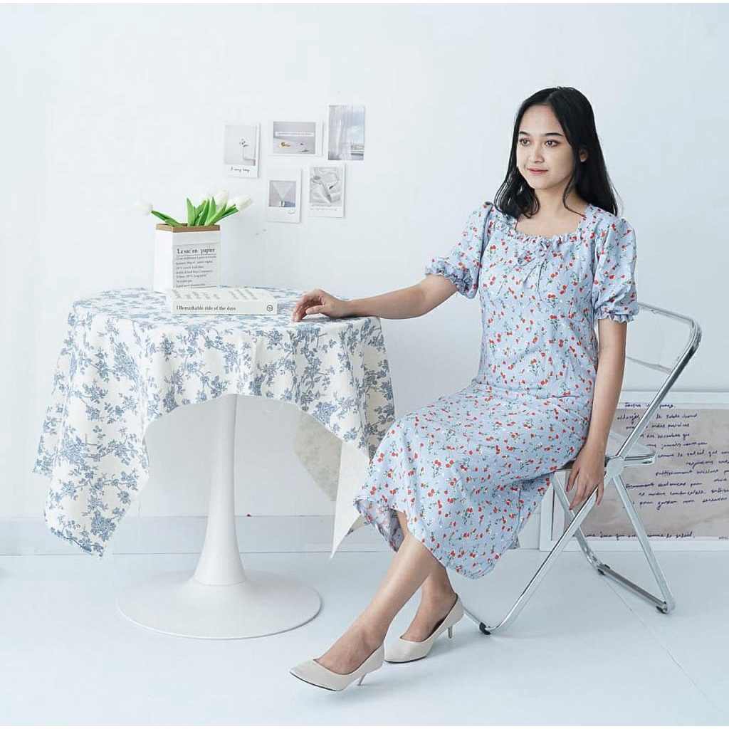 Weijia Fashion Dress Midi Wanita Terbaru /  FUJITA SHAKILA CUTE DRESS Floral / Dres Motif Bunga  Fas