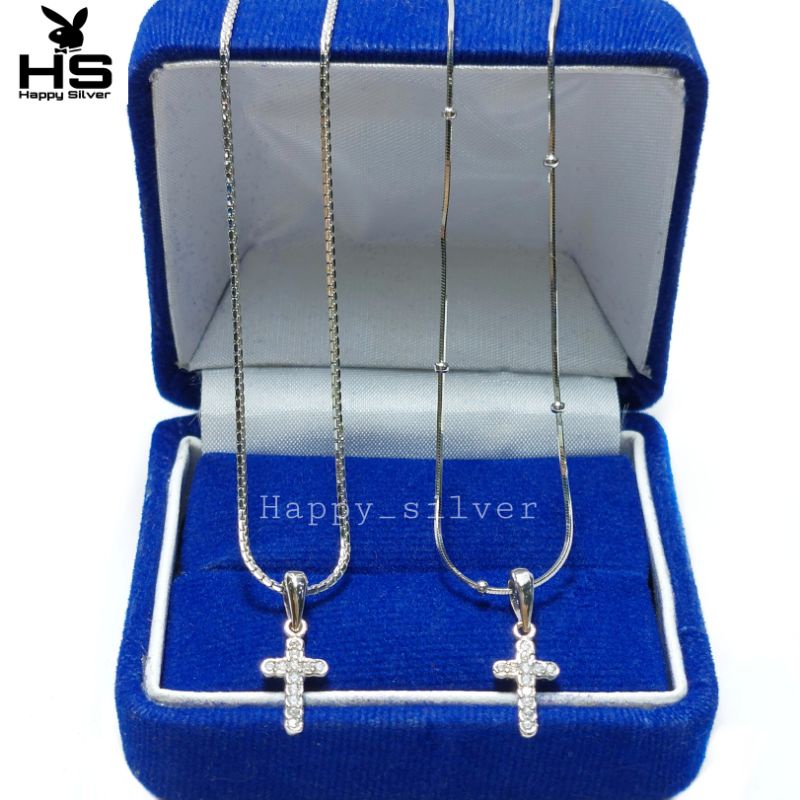 set kalung perak asli silver 925 lapis emas putih - model liontin salib - salib full permata - perak