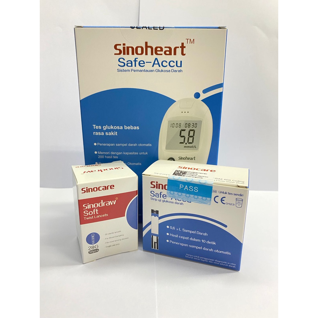 Alat Cek Gula Darah Sinocare Sinoheart Safe-Accu | Mesin / Paket Lengkap Glucose Test Safe Accu