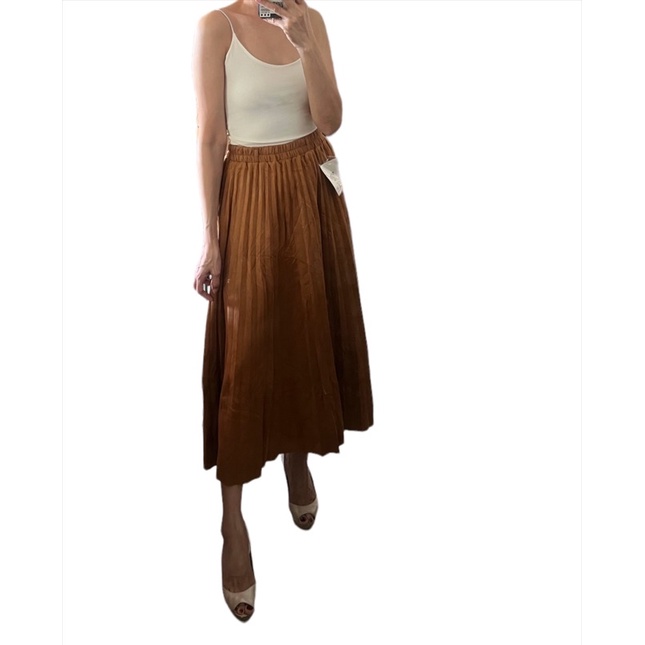 Rok Pleats Caramel Bahan Suede Premium