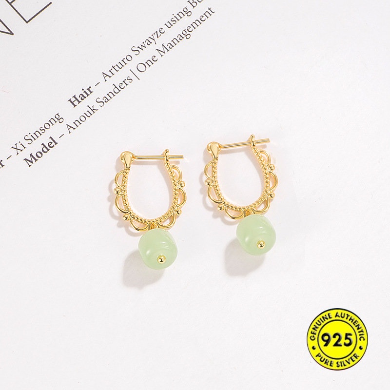 18k Emas Vintage Hetian Jade Earrings Wanita Gaya Pengadilan Anting Bermutu Tinggi U1169