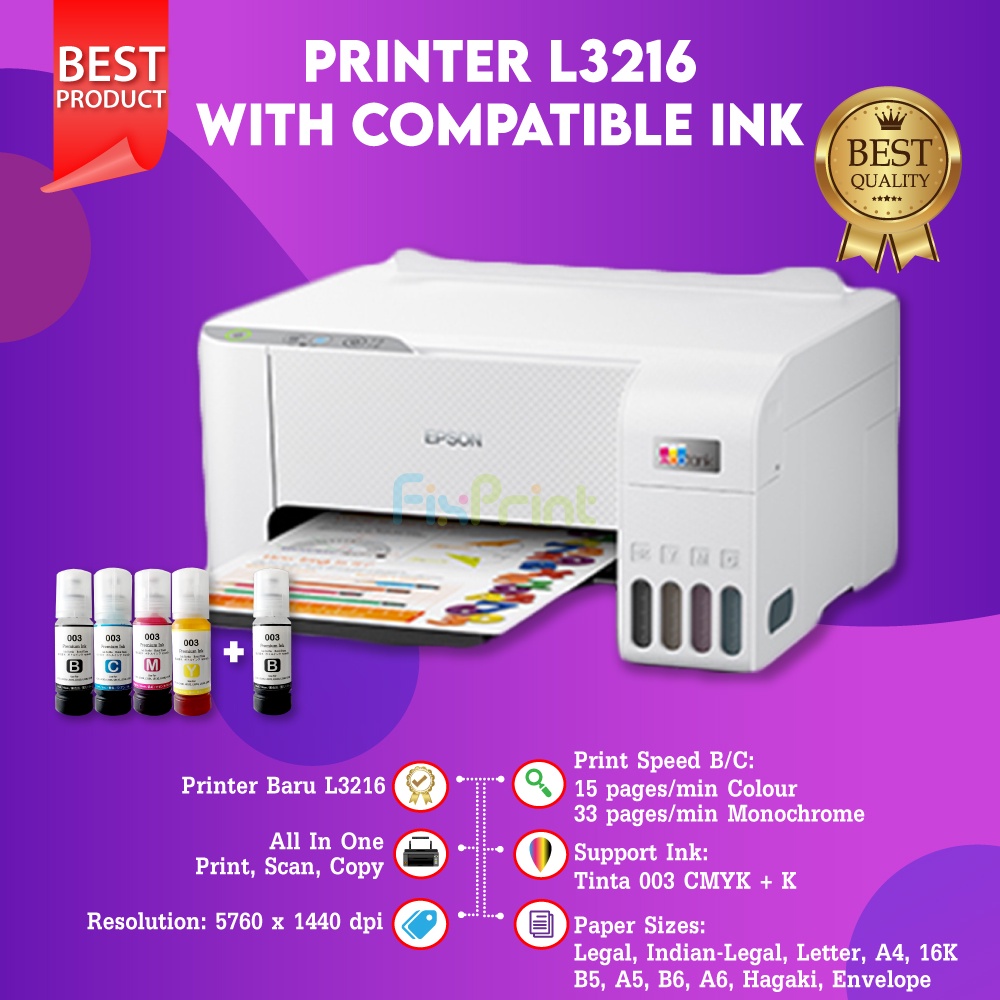 Printer Epson L3210 L3216 Print Scan Copy Pengganti Printer L3110 Tinta 003 C13T00V Printer Scan Copy Print Inkjet Infus AIO