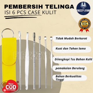 Pembersih Telinga Korek Kuping Ear Wax Picker 1 Set 6 PCS Stainless Steel Case Kulit Kuning