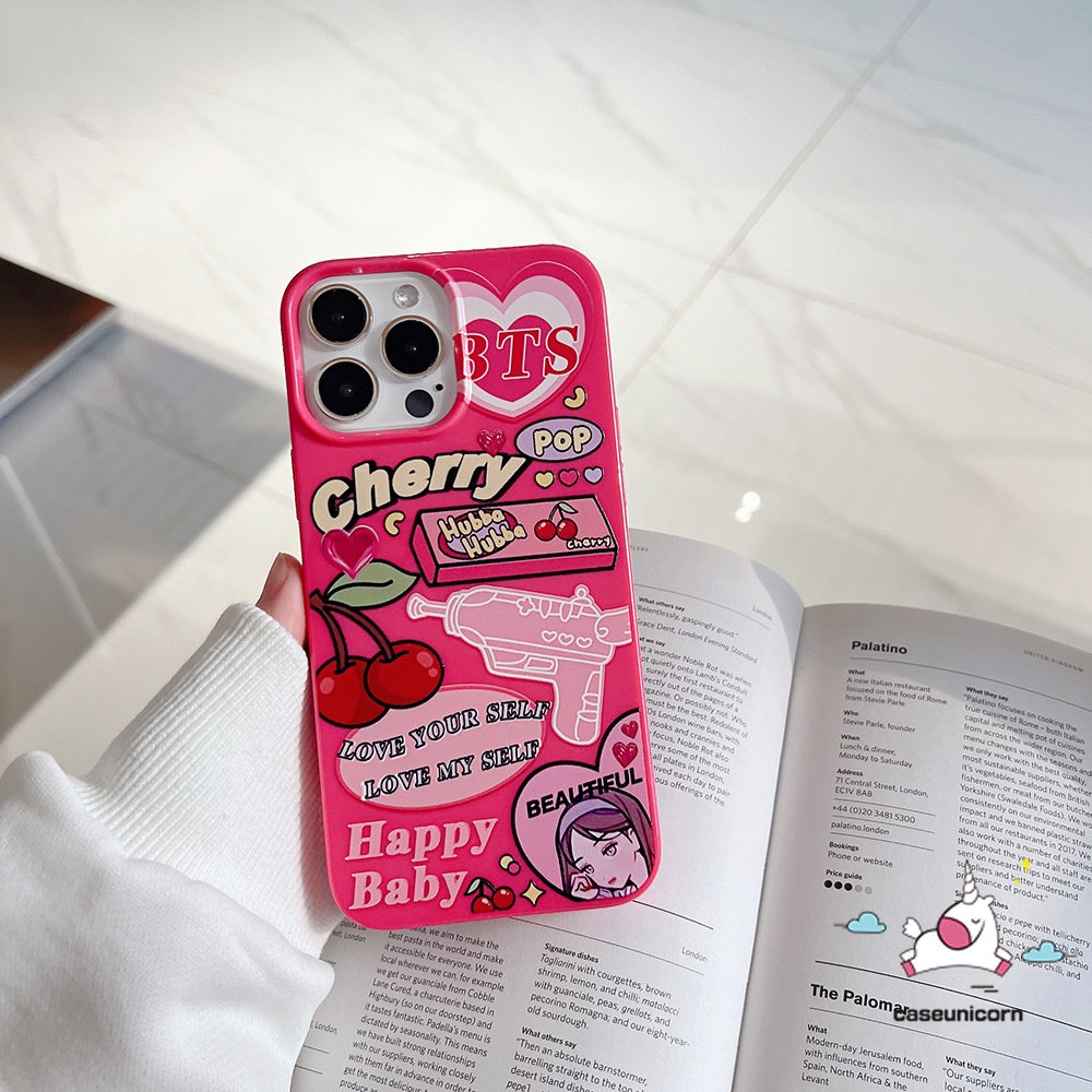 IPHONE Case Kompatibel Untuk Iphone14 11 13 12 Pro Max XR 78 Plus X XS Max SE 2020 Permen Glossy Shockproof Protection Camera Ros Red Kartun Label Cherry Lembut Tpu Silicon Back Cover
