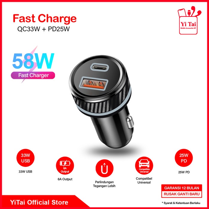 CAR CHARGER YI TAI 2 PORT USB 58W QC33W + PD25W /CHARGER MOBIL -CCG07