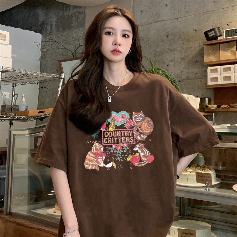 Vintage Kaos Lengan Pendek Cream Atasan Wanita Oversize Printed T-shirt Kekinian Korean Style/baju kaos oversize wanita