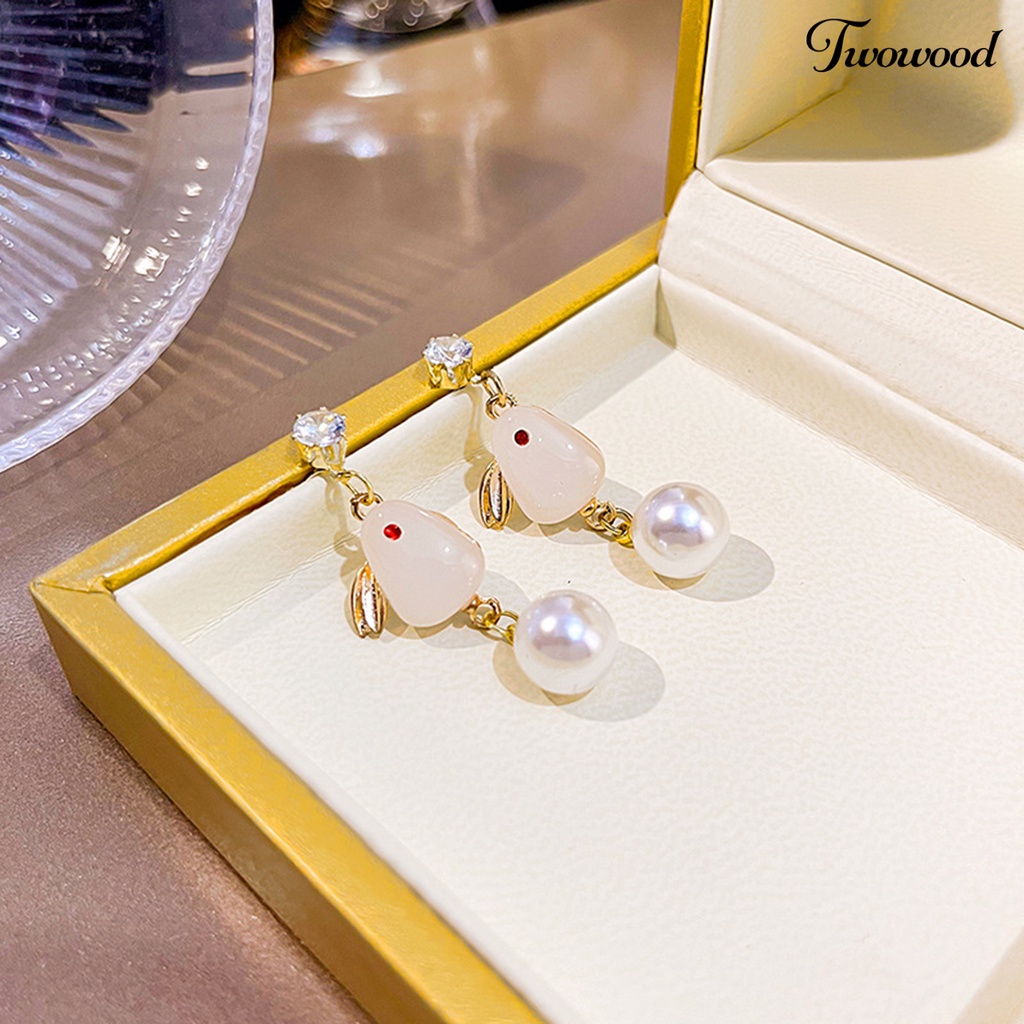 Twowood 1pasang Anting Tusuk Wanita Realistis Tidak Alergi Faux Pearl Bunny Drop Earrings Untuk Pacaran