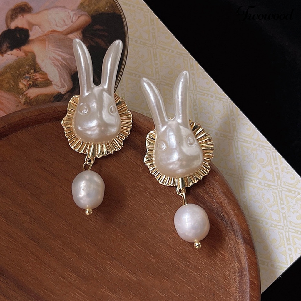 Twowood 1pasang Ladies Earrings Trendy Good-looking Elegan Pakaian Sehari-Hari Alloy Rabbit Faux Pearl Drop Earrings Aksesoris Pesta