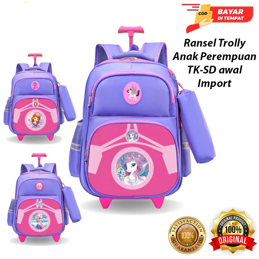 Tas Troli Ransel Sekolah Paud-TK Anak Perempuan Karakter Unicorn Frozen Tas Ransel Troli Sekolah Import 3D Emboss