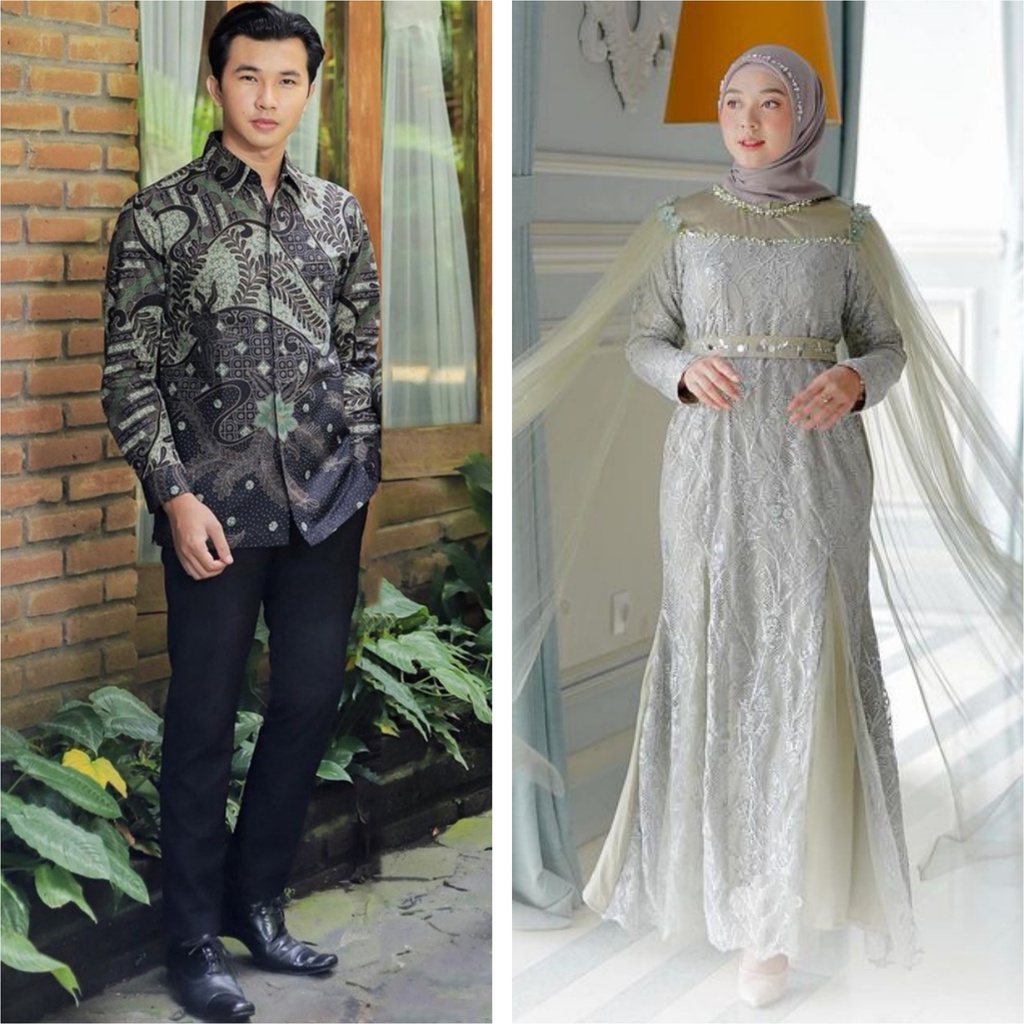 SHOPASHOP SOLO Batik Couple New Dress Raya Fateema &amp; Kemeja Batik Lengan Panjang M L XL