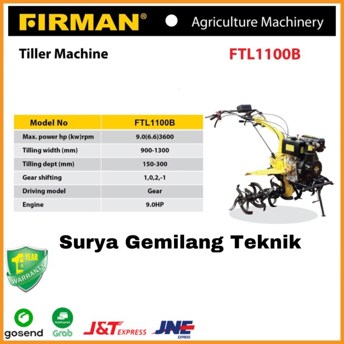 Mesin Bajak Kebun Firman Tiller Traktor Ftl1100B-6 Cultivator Tiller