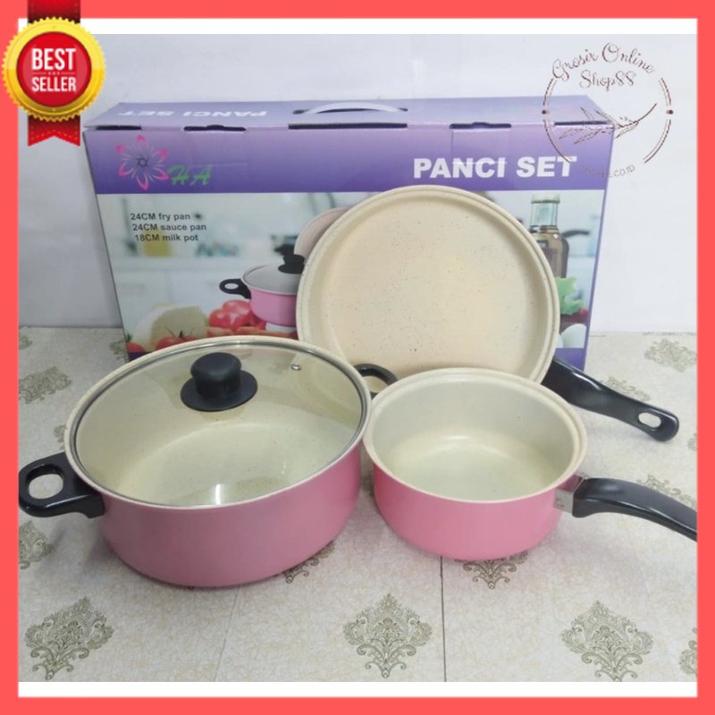 GOS - D307- Panci set Anti Lengket 3pcs / Panci Teflon Tutup Wajan Kaca / 3PCS Panci,Teflon,Wajan