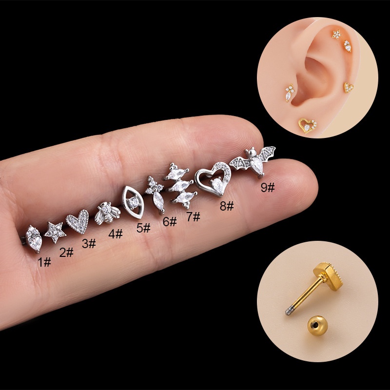 1biji Stainless Steel Murni Hypoallergenic Helix Rook Piercing 20Gauge Bee Star Bentuk Kelelawar Stud Lobe Earring