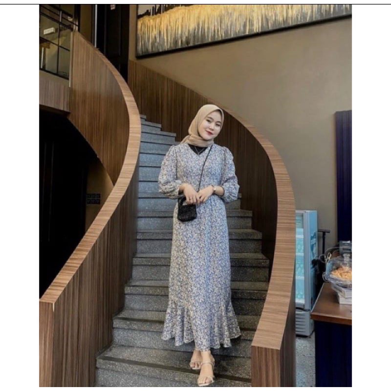 Aimel Fishtail Maxi Dress/ dres bunga kecil/ viral tiktok