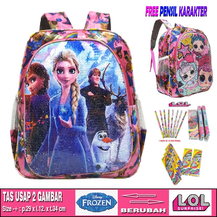 APPA Tas Ransel Anak Prempuan Sekolah TK/SD Sequin Usap 2 Gambar Berubah Karakter FROZEN- FROZEN