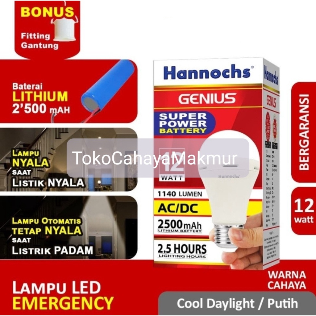 Lampu Emergency LED AC/DC Genius 12w 12watt Hannochs