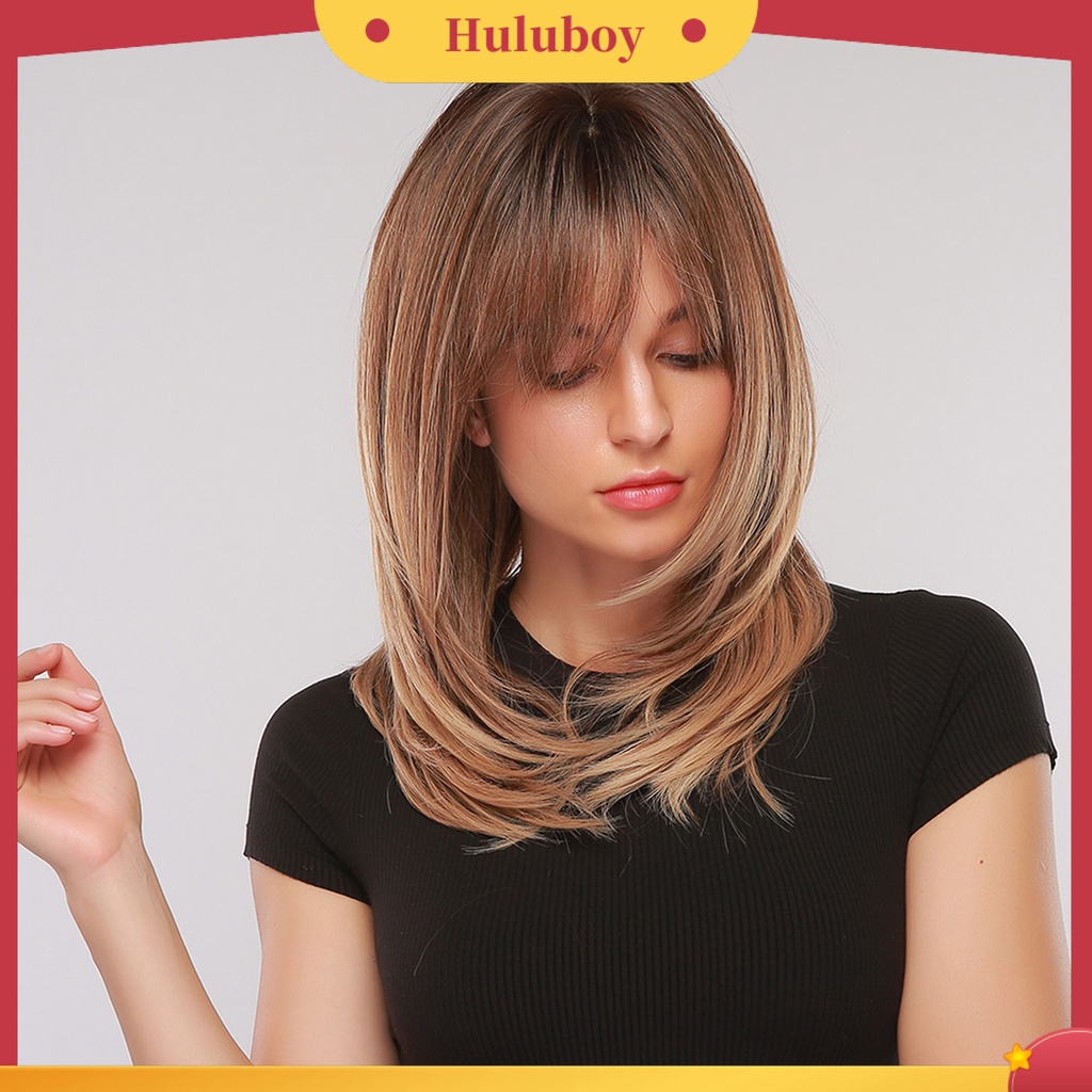 Wig Rambut Sintetis Model Panjang Warna Emas Dengan Poni Untuk Wanita