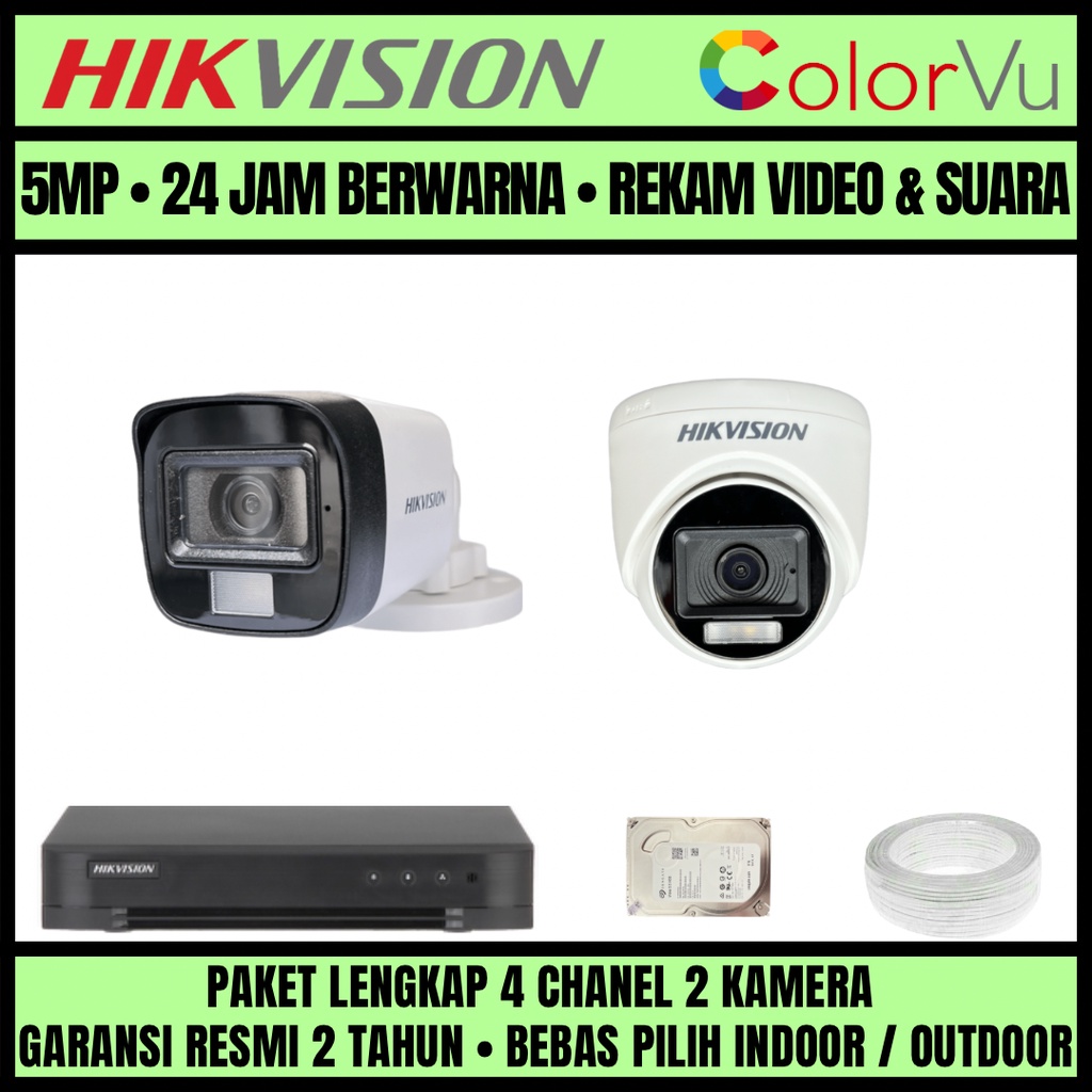 PAKET CCTV HIKVISION COLORVU 3K 5MP 4 CHANNEL 2 CAMERA KAMERA CCTV COLORFUL