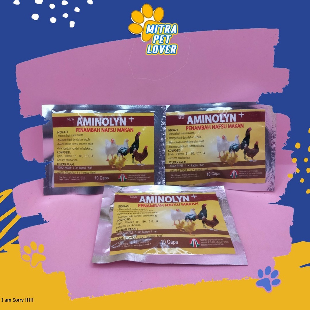 KAPSUL PENAMBAH NAFSU MAKAN AYAM - AMINOLYN PLUS 10 - DAYA TAHAN TUBUH UNTUK MEMULIHKAN KONDISI KETERBELAKANGAN UNGGAS KAPSUL SEHABIS SAKIT MURAH ASLI GARANSI KUALITAS ORIGINAL - PET ANIMAL TAMASINDO OBAT KESEHATAN &amp; VITAMIN TERNAK HEWAN  MITRAPETLOVER