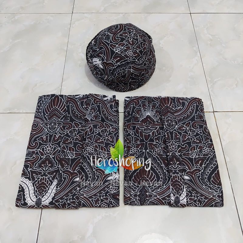 [2jarik+Blangkon] Sepasang Jarik Wiru Instan + Blangkon Solo | Motif Pisang Bali Hitam