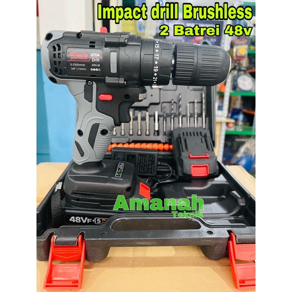 Bor cordless Gtools GT04 impact drill brushless 48v bor batrei 3fungsi sekrup drilling palu 2batrei bonus jam tangan