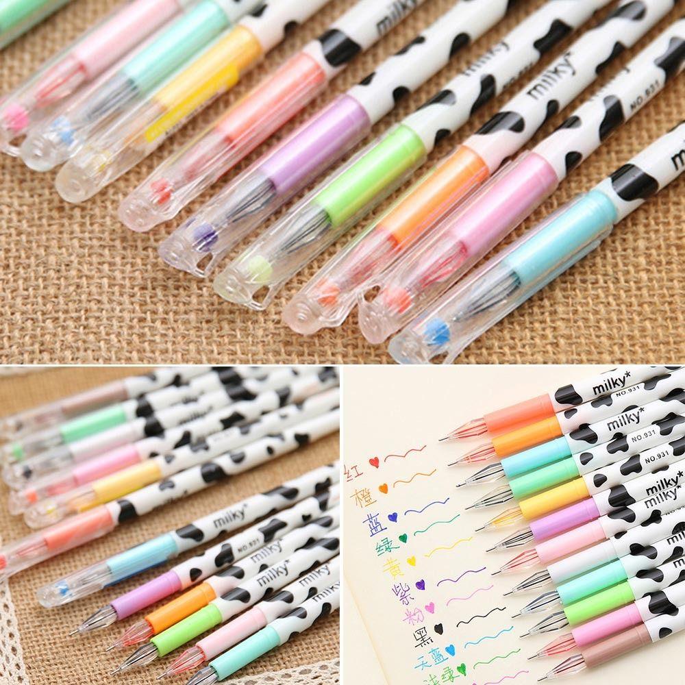 Populer 12warna/Set Gel Pen Alat Tulis Pola Sapi Siswa Hadiah Pena Tip Berlian