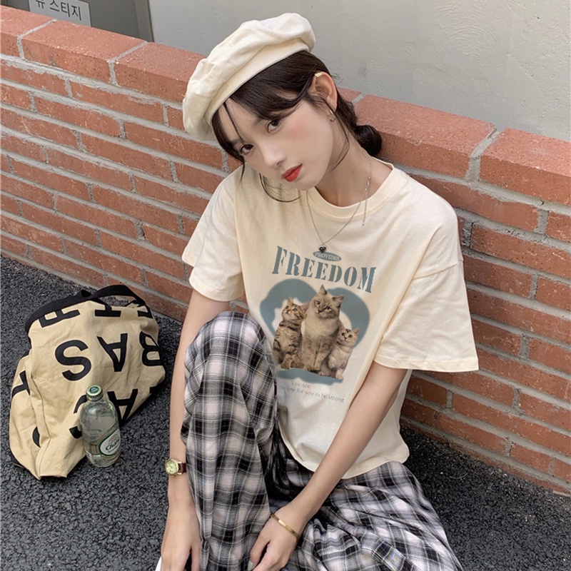 Print T-shirt Kaos Lengan Pendek Cartoon Cat Oversize Korean Style