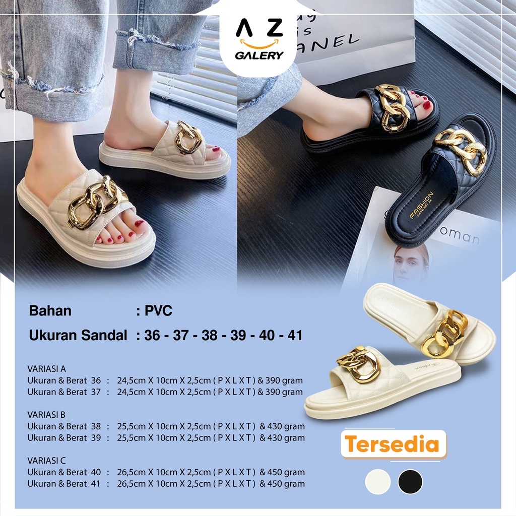 Sandal Slop Flat Wanita Model Slip On Wedges Motif Rantai Bulat Fashion Korea Style Kasual Cewek Nyaman Empuk PVC Azgalery SPT-40