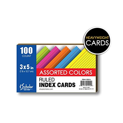 

ISCHOLAR INDEX CARDS, RULED, COLORED, 3 X 5 INCHES, 100 CARD PACK (035