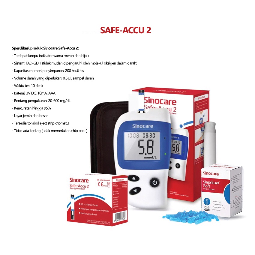 Alat Cek Gula Darah Sinocare Safe-Accu 2 (Alat, Strip &amp; Lancet)