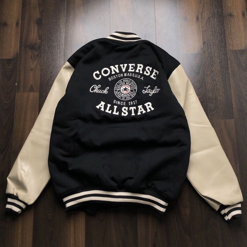 VARSITY LEATHER JACKET - CONVERSE ALL STAR CONS HITAM COMBY CREAM FULLTAG &amp; LABEL