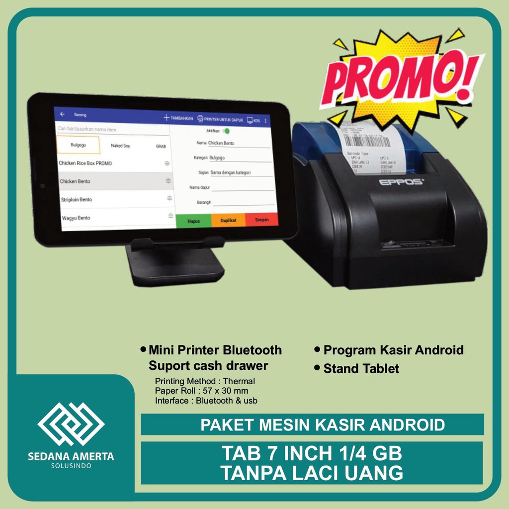 Paket Mesin Kasir Android POS Tablet/Tab 7 Inch 1/4 GB - TANPA LACI UANG : Tab, &amp; Printer Thermal 58mm - cocok untuk Restaurant, Resto, Cafe, Barber Shop, Vape Store, Retail