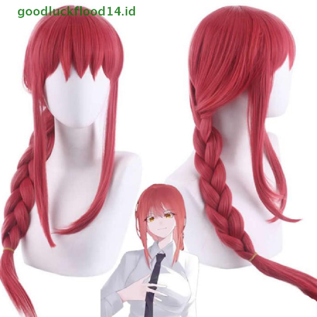 [GOOGFOUR] Wanita Makima Anime Rantai Man Cosplay Panjang Dikepang Lurus Rambut Sintetis Halloween Merah Bermain Peran Pesta Wig Aksesoris [TOP]